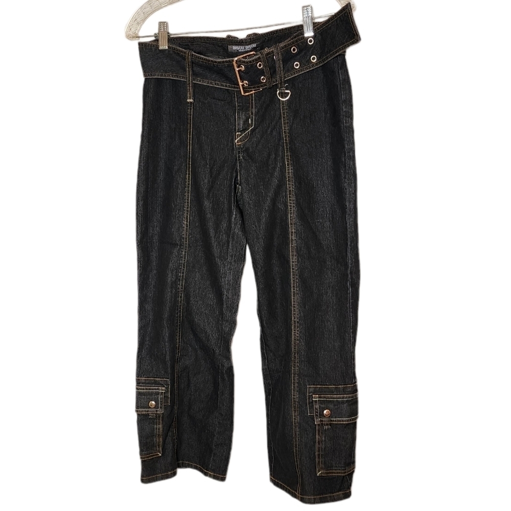 Bisou Bisou Pocket-hem Wide Straight Cropped Darkwash Jeans Belted Size 8‎